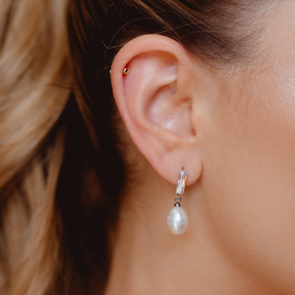 Classic Oval Pearl + Baguette Earrings